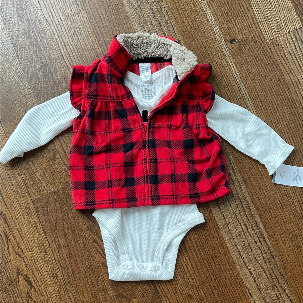 Carter's Red and Black Plaid Vest with White Bodysuit